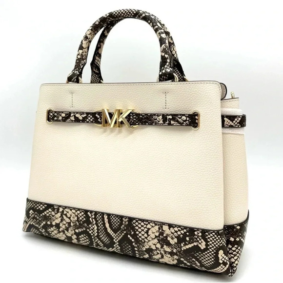 Michael Kors Large Reed Leather Belted Satchel Crossbody Bag Cream Snakeskin - Picture 2 of 12